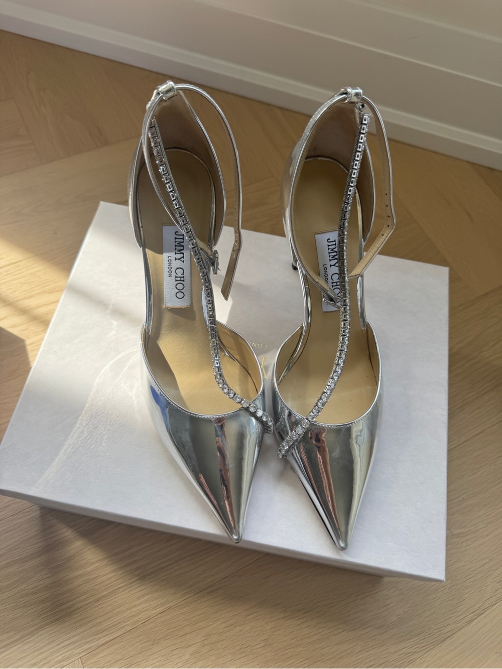 Jimmy Choo Silver Metallic Pointed-Toe T-Strap Heels with Crystal Accents - Picture 4 of 5